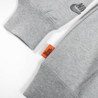 Gray sweatshirt with a brand logo on a white background