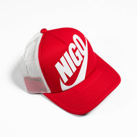 Red cap with white mesh back and 'NIGO' logo on a white background