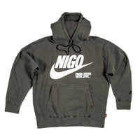 Gray hoodie with 'NIGO' logo on a white background