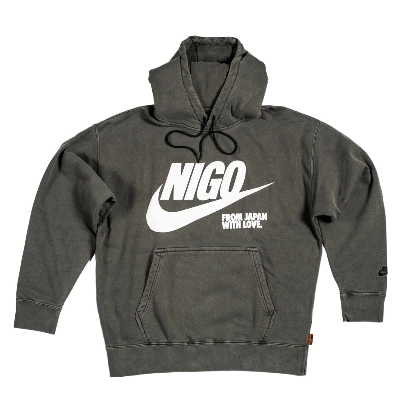Gray hoodie with 'NIGO' logo on a white background