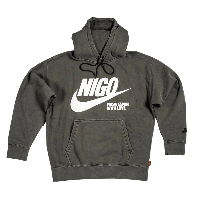 Gray hoodie with 'NIGO' logo on a white background