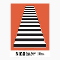 Stylized print with black and white staircase on an orange background with 'NIGO' branding.