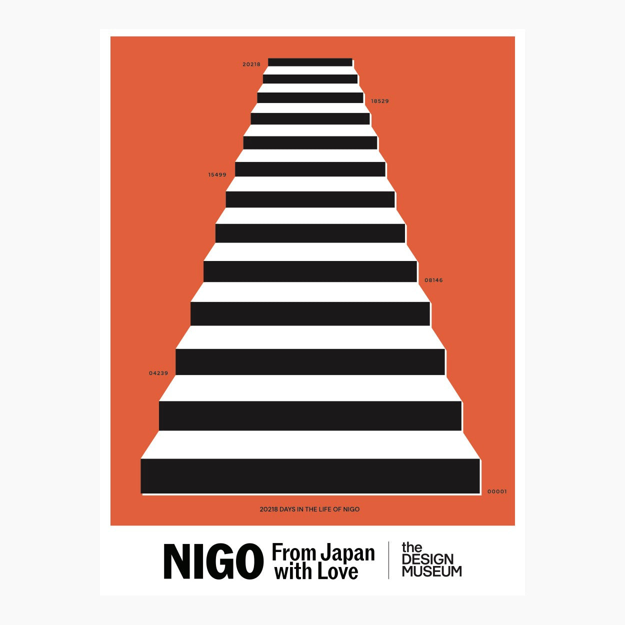 Stylized print with black and white staircase on an orange background with 'NIGO' branding.