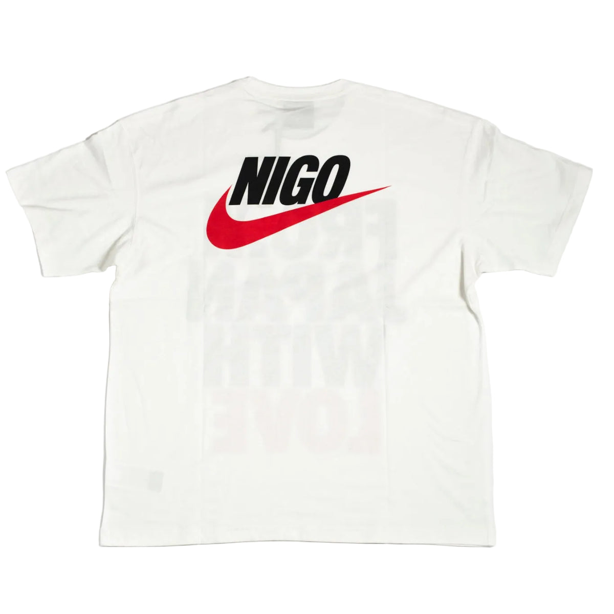 White t-shirt with a black and red logo on a white background