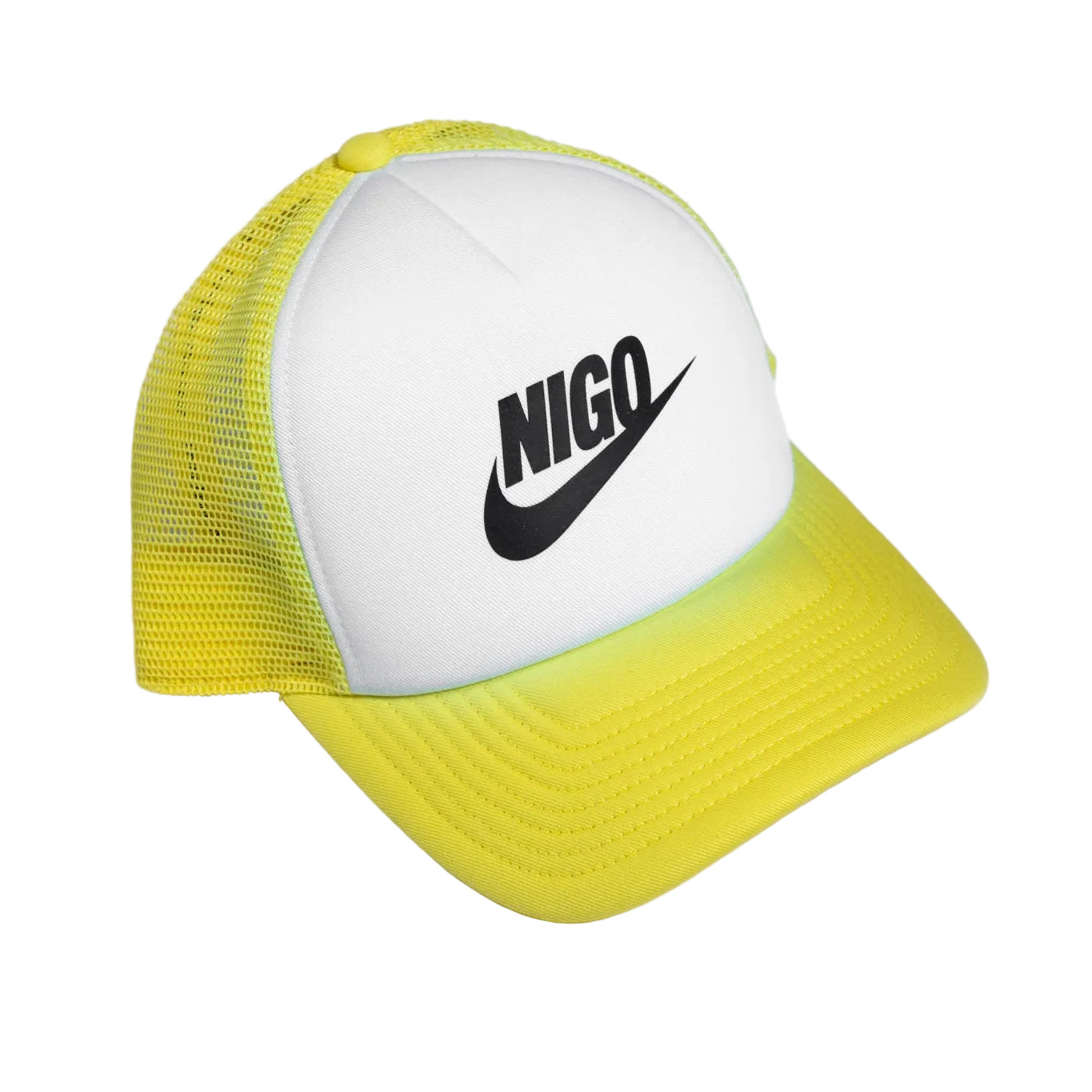 Yellow and white cap with 'NIGO' logo on a white background