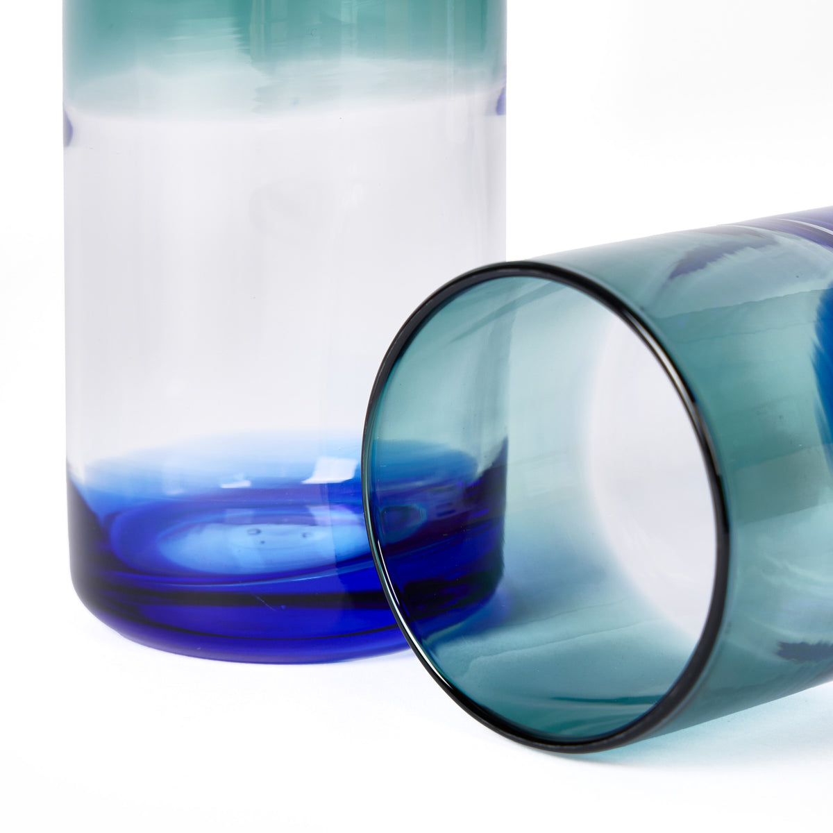 Ombre Cobalt and Green High Ball Set of 2 - close up on white background.