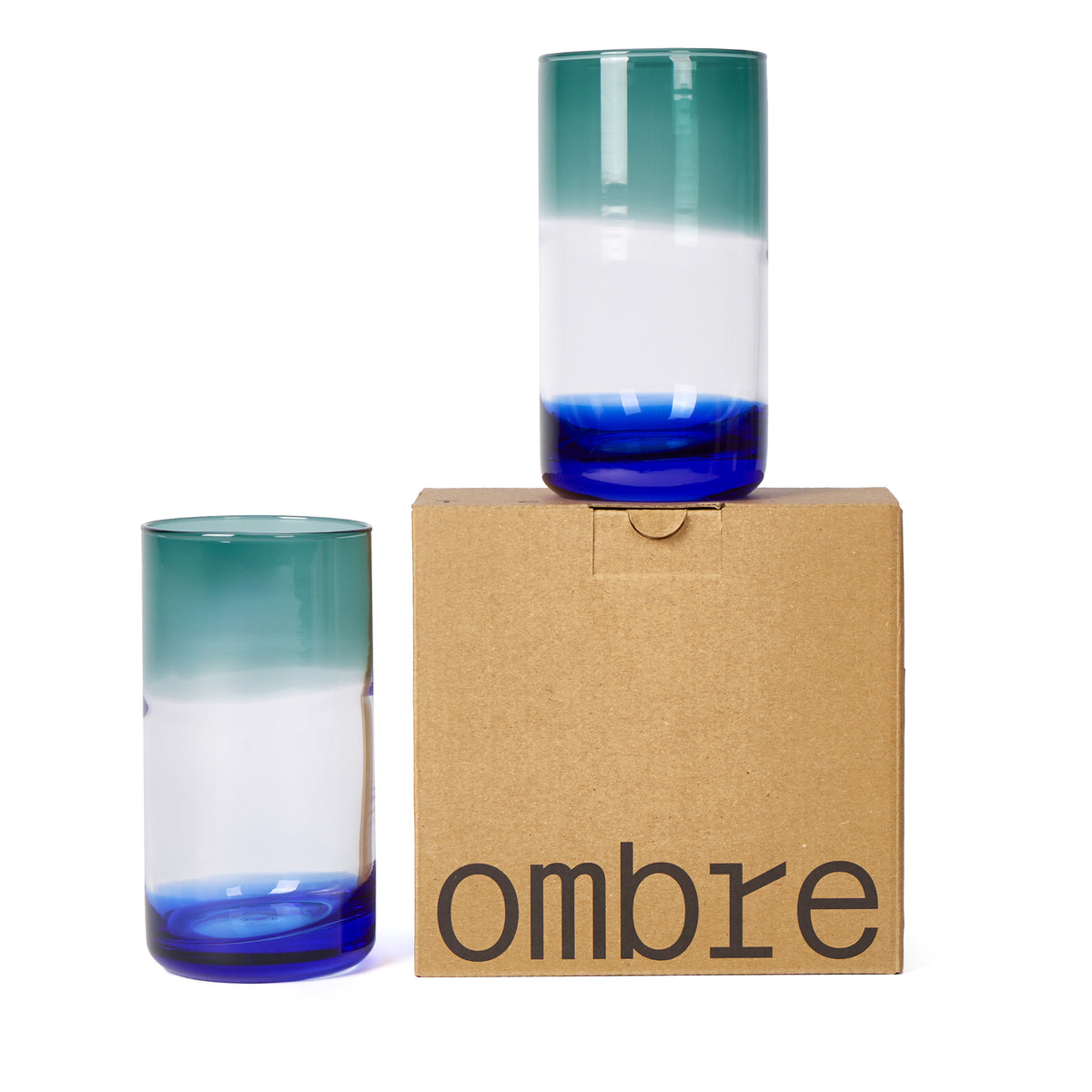 Ombre Cobalt and Green High Ball Set of 2 - the set of 2 and the box on white background.