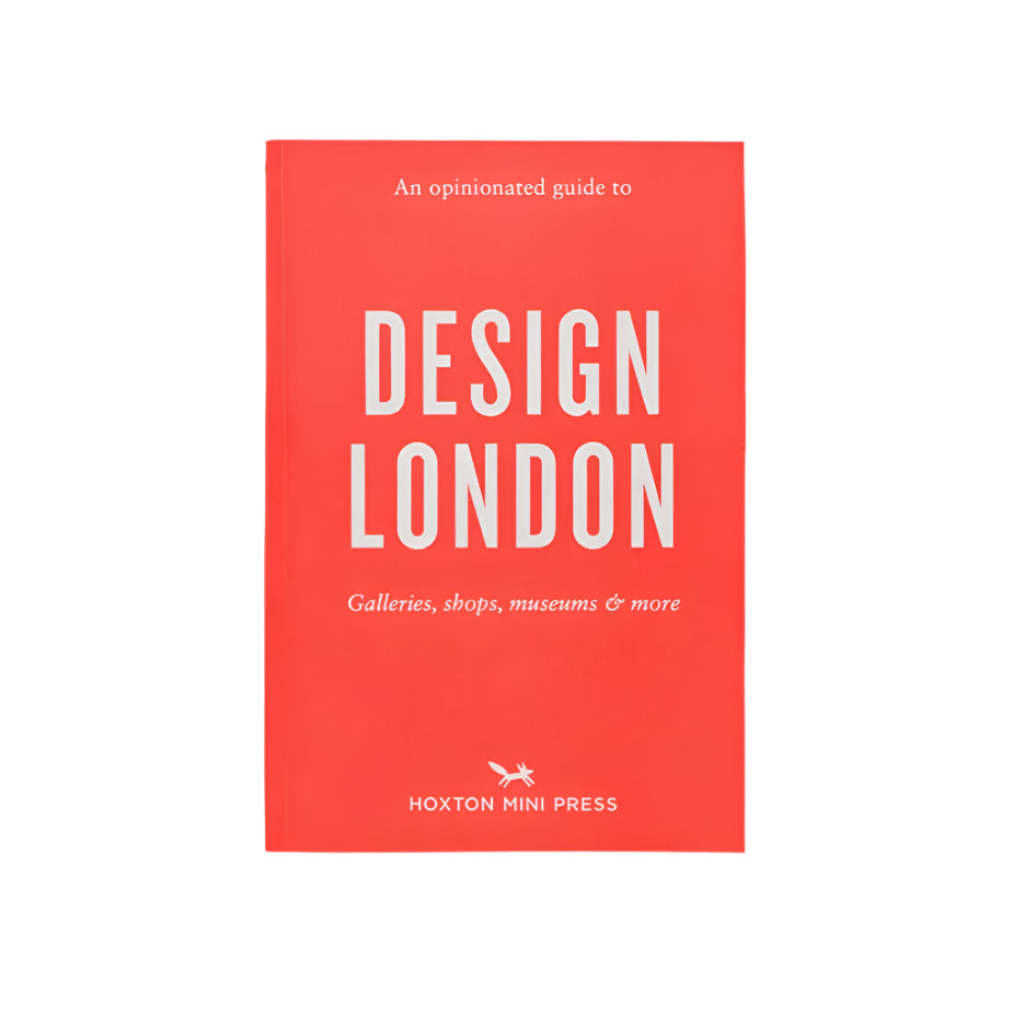The front cover of a book title 'An Opinionated Guide to Design London' with white text on a bright red background 