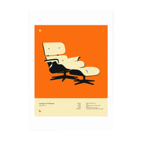 A print of a black and yellow lounge chair on an orange background in a minimalistic style.