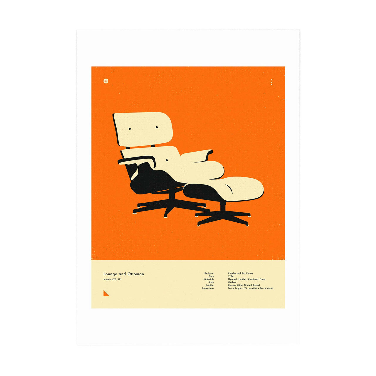 A print of a black and yellow lounge chair on an orange background in a minimalistic style.