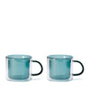 Conran shop Oslo blue/green double wall glass mug on white background, picture of 2 together.