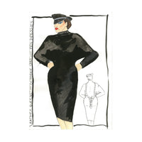 Illustration of a woman wearing a black dress and hat with text on a white background