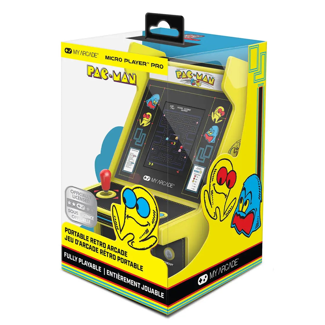 Packaged MY Arcade Micro Player Pro in yellow and blue retail box with a clear front window showing the portable arcade console inside. The box features large Pac-Man graphics and text including 'Portable Retro Arcade' and 'Fully Playable'.
