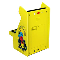 Yellow arcade machine cabinet with a character design on a white background
