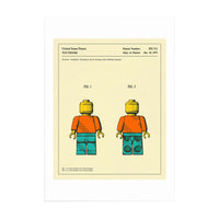 A printed Lego patent from 1979 featuring two Lego figurines on a yellow background.