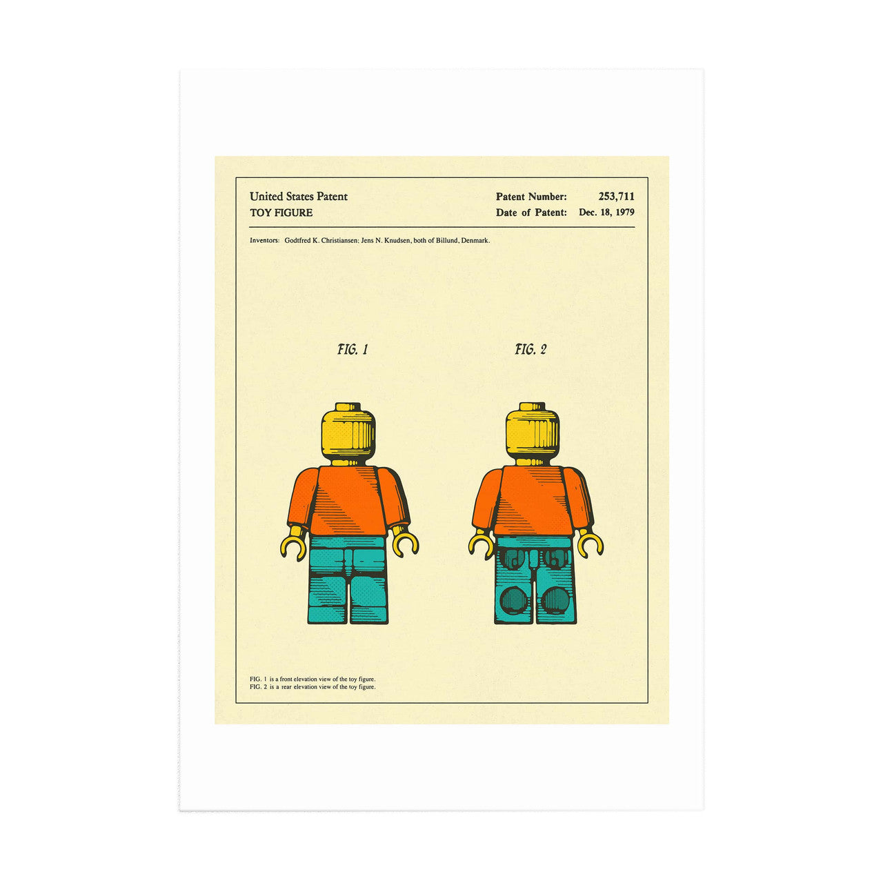 A printed Lego patent from 1979 featuring two Lego figurines on a yellow background.