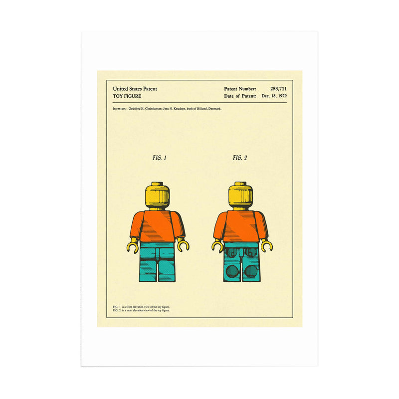 A printed Lego patent from 1979 featuring two Lego figurines on a yellow background.