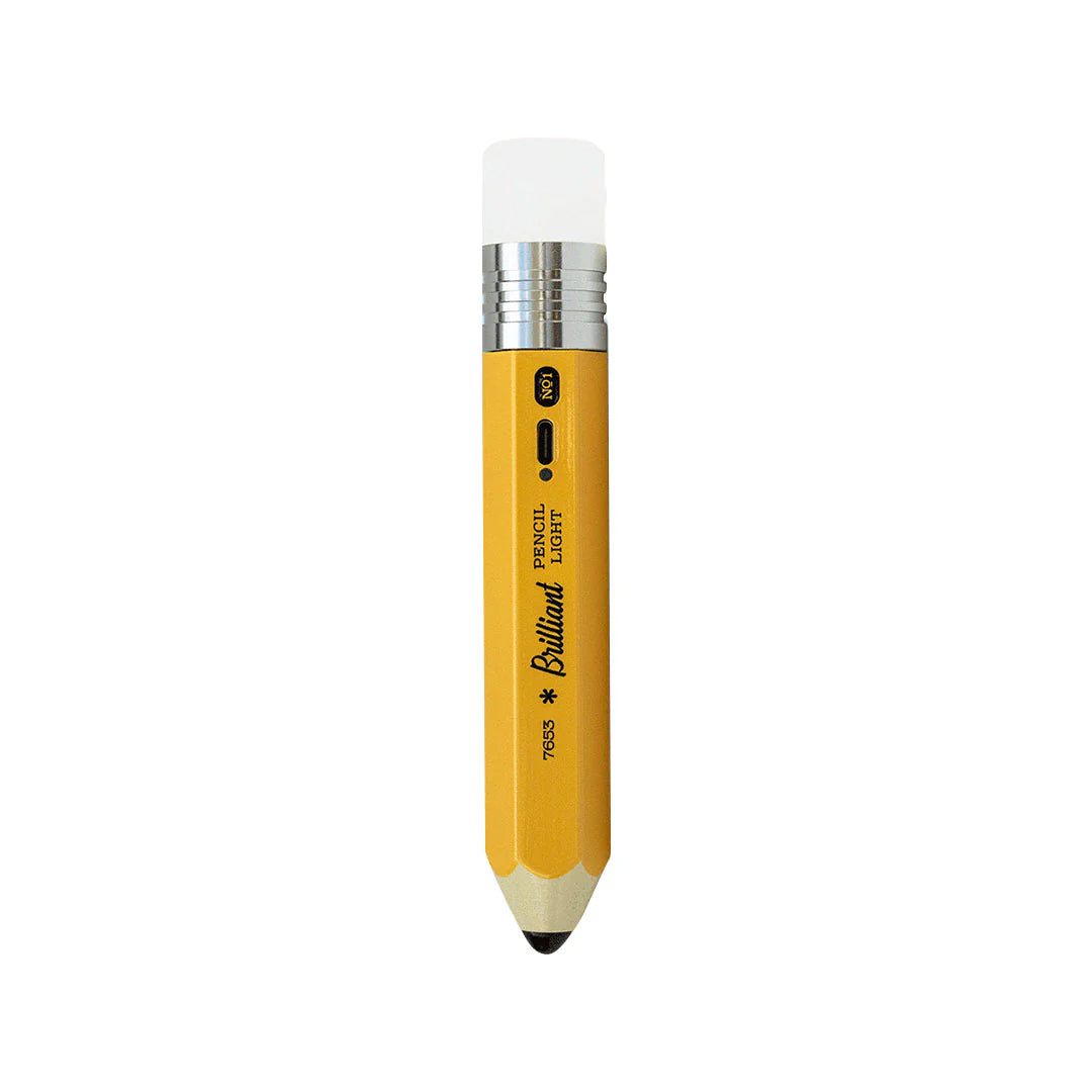 A Yellow pencil shaped torch on a white background
