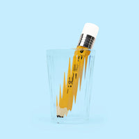 A yellow pencil shaped torch inside a glass which distorts its image.