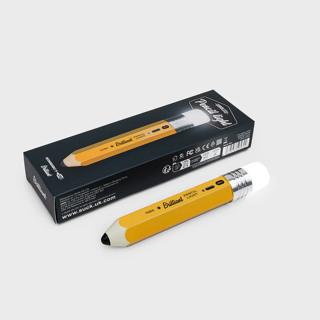 A yellow pencil shaped torch next to its packaging box which depicts an image of the torch on a black background.