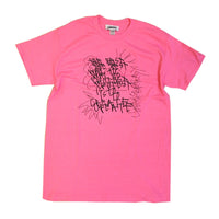 Bright pink t shirt with slogan on white background