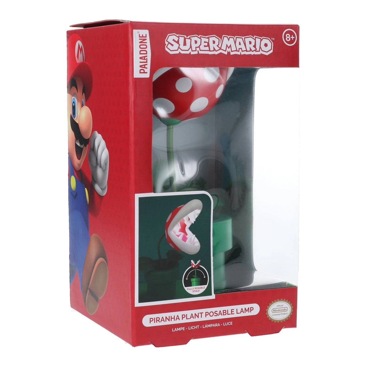 Super Mario Piranha Plant Posable Lamp in its original red and white packaging, featuring Mario graphics and a clear window showing the lamp inside.
