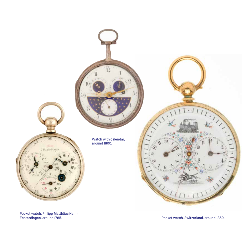 Three pocket watches on a white background