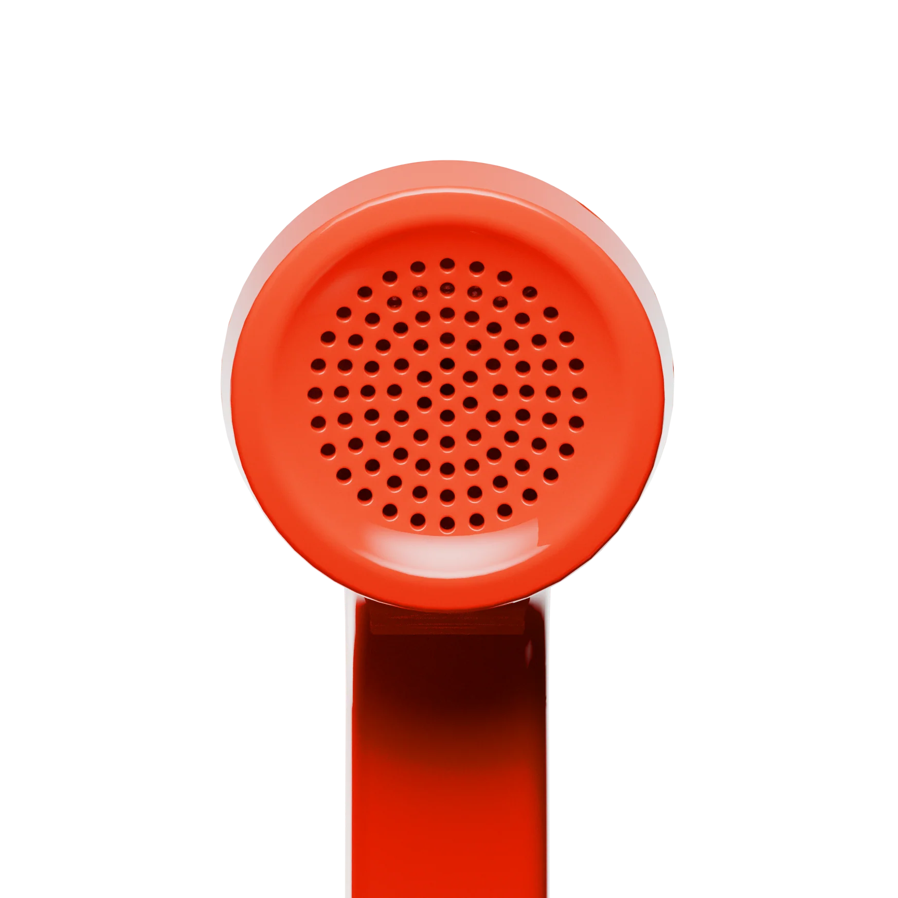 Red handheld showerhead with a perforated design on a white background
