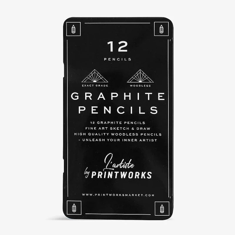 Black rectangular tin with 'graphite pencils' written in white font and little diagrams of triangles.