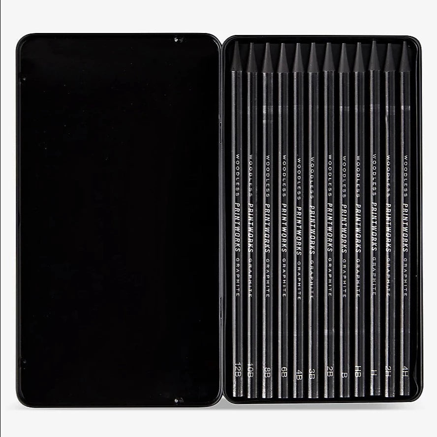 A black tin with 12 black graphite pencils inside on a white background.