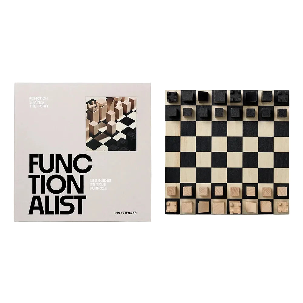 A chess set with a black and cream checkered board and minimalist wooden chess pieces, displayed next to its minimalist beige packaging box 