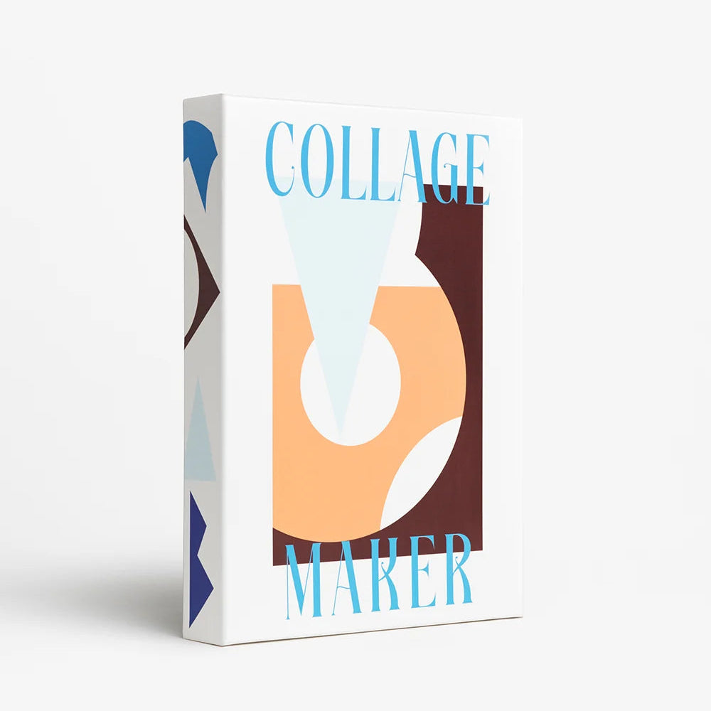 A white collage maker box with a modern abstract collage design on a clean white background.