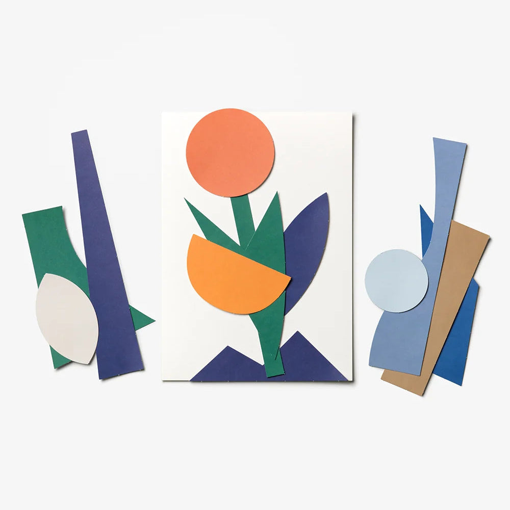 Abstract paper collage cut out shapes on a white background