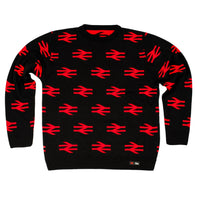 A black crewneck sweater featuring a repeating red British Railways logo pattern, displayed flat against a solid white background.