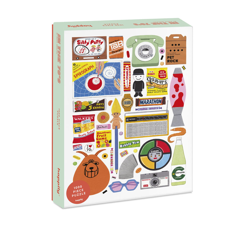The box for a 1970s themed jigsaw puzzle featuring colourful illustrations of 70s items such as a telephone and a lava lamp 