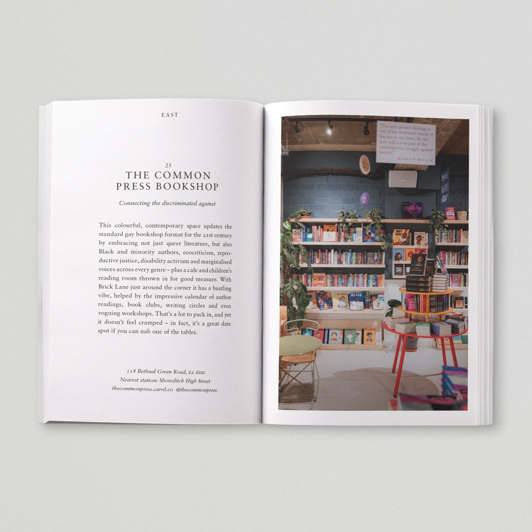 Open page of Queer London book featuring a photograph of the Common Press Bookshop.
