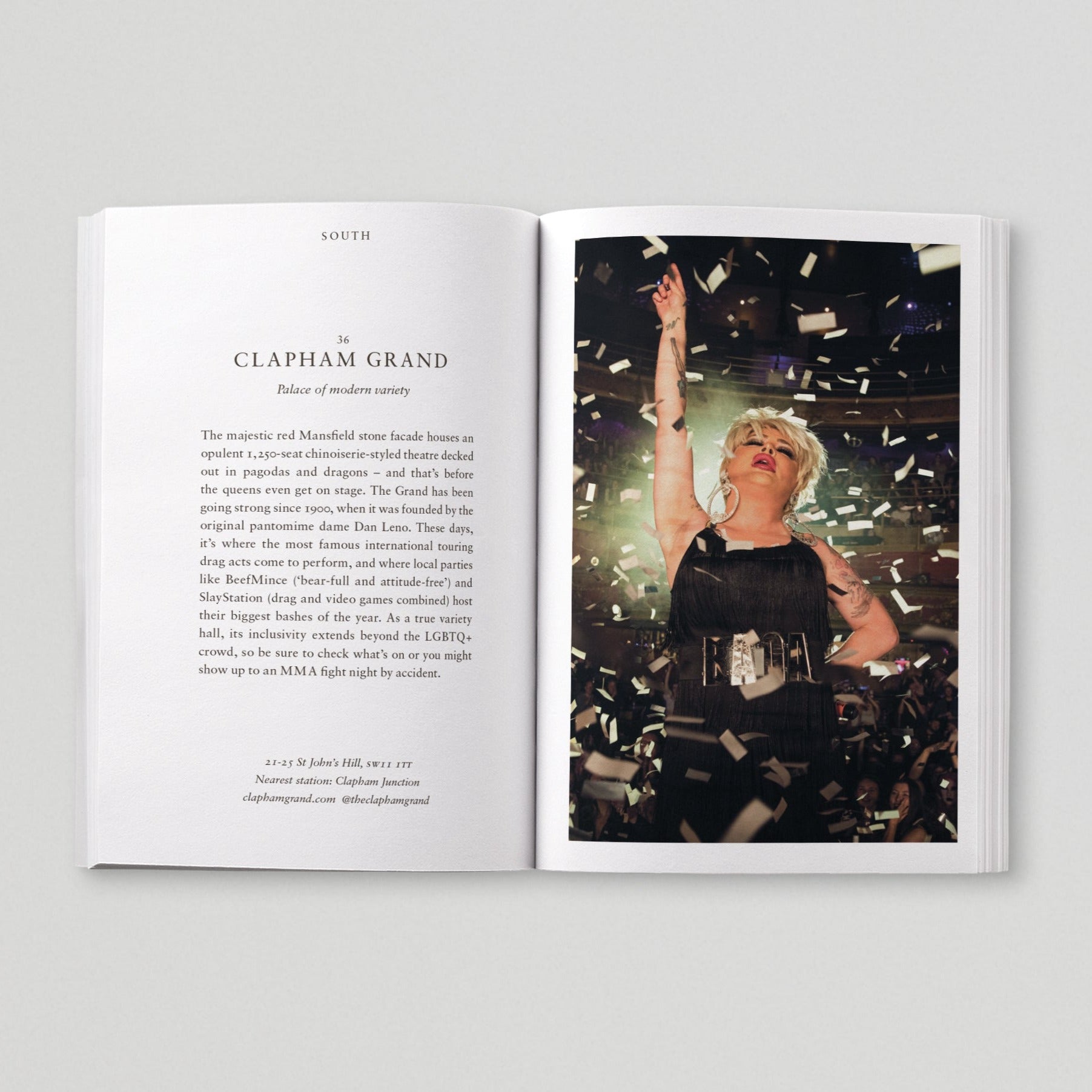 Open page of Queer London book featuring a photograph of a person on a stage with confetti raining down.
