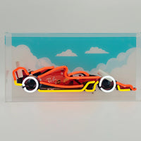 Futuristic car design on a transparent background with a blue sky and clouds.