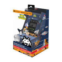 Boxed portable retro arcade machine with 'Space Invaders' branding on a white background