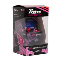 Retro mini arcade game console in black and pink packaging on a white background