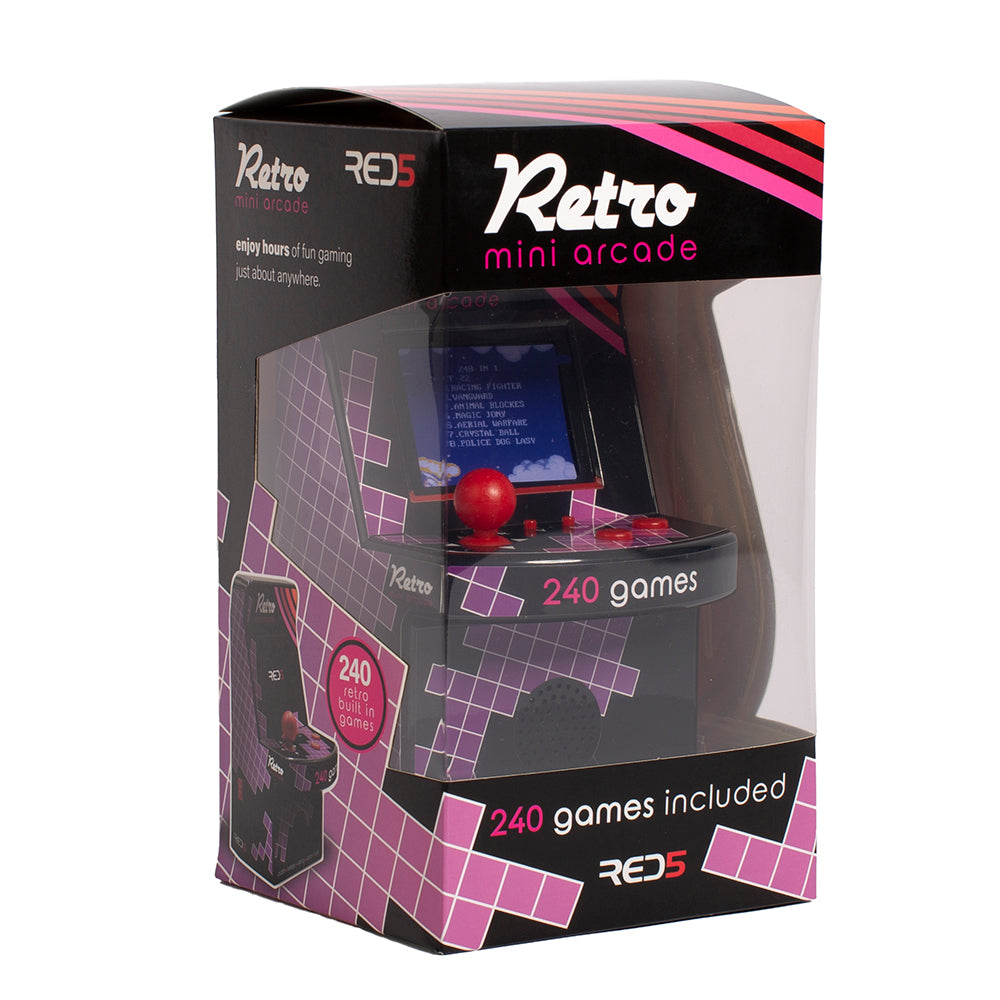Retro mini arcade game console in black and pink packaging on a white background