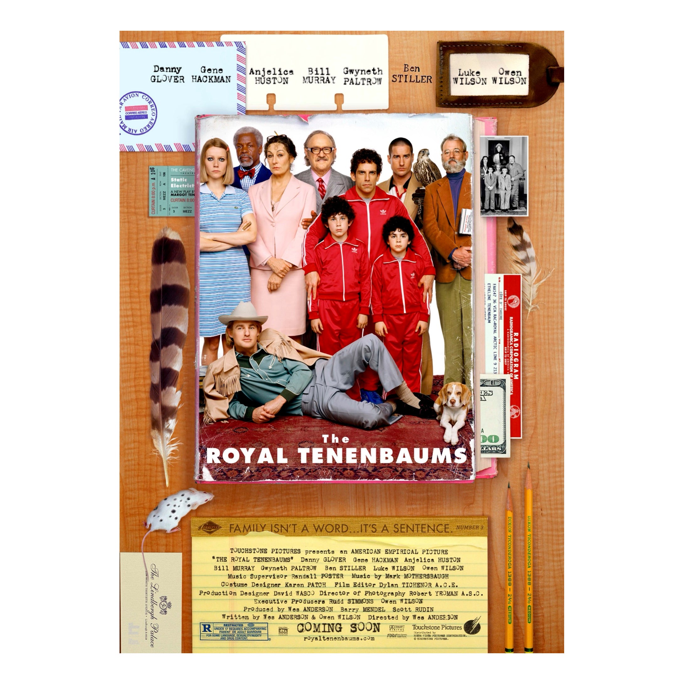 Movie poster for 'The Royal Tenenbaums' with a wooden frame and decorative elements.