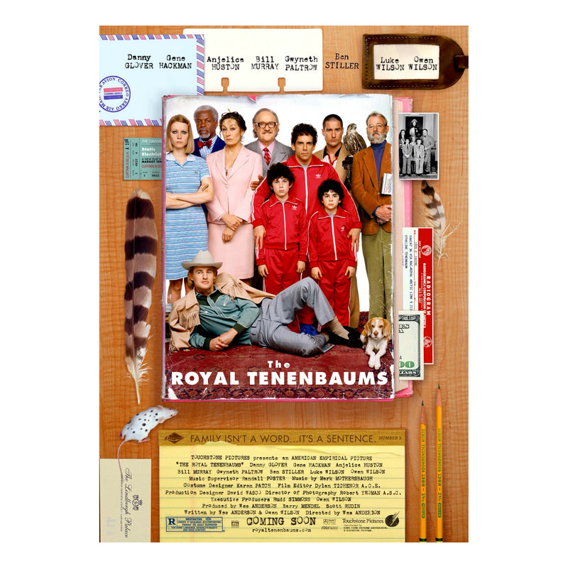 Movie poster for 'The Royal Tenenbaums' with a wooden frame and decorative elements.