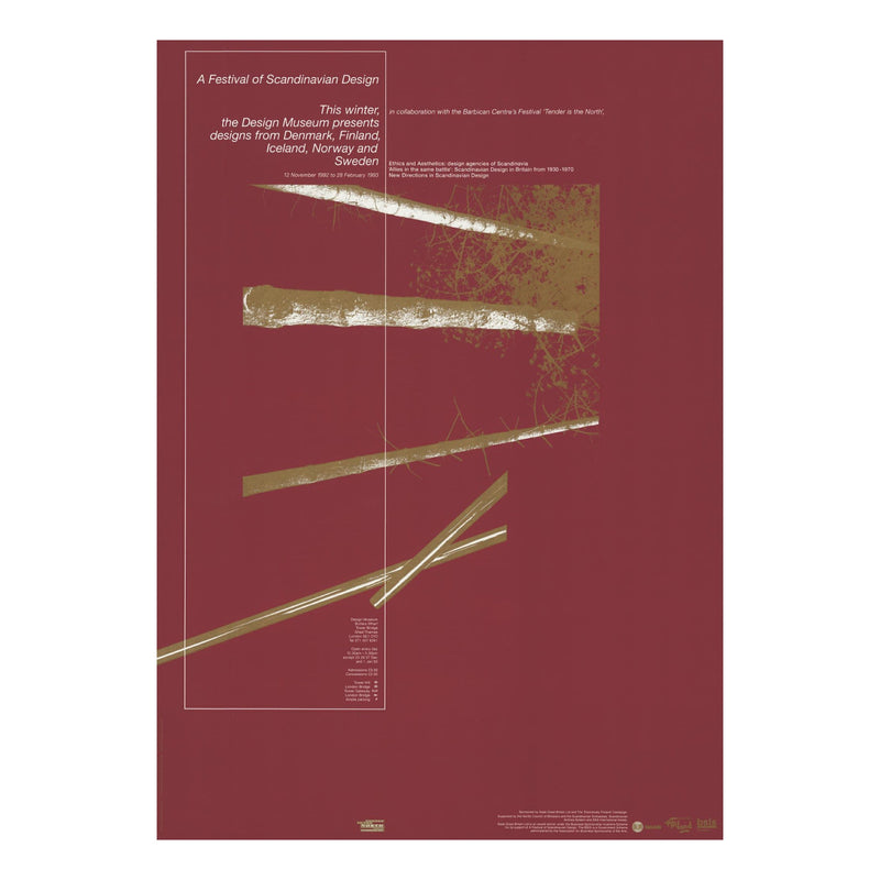 Poster for 'A Festival of Scandinavian Design' exhibition with gold abstract shapes on a red background