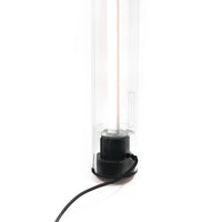 Bottom of black BIC pen lamp with black cable on a white background.