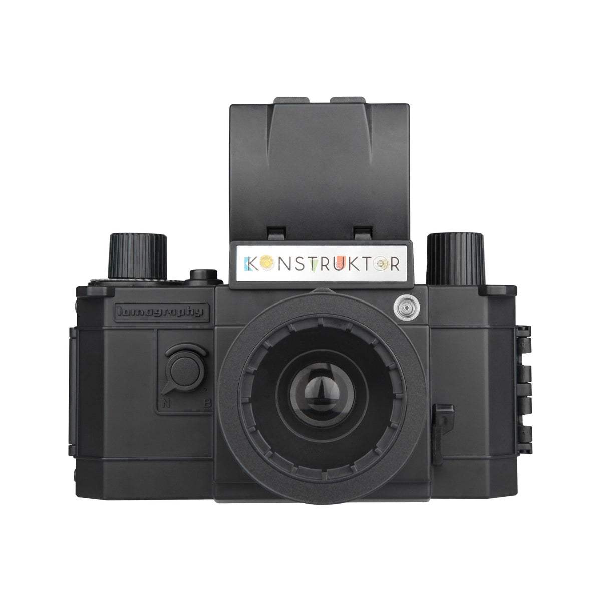 Black mechanical camera lens with 'Konstruktor' branding on a white background