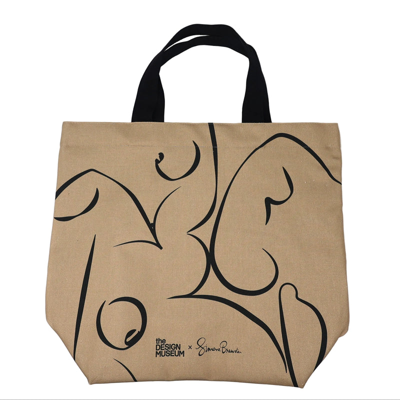 Beige tote bag with black abstract designs on a white background
