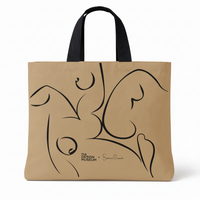 Beige tote bag with black abstract design and 'The Design Museum' branding on a white background