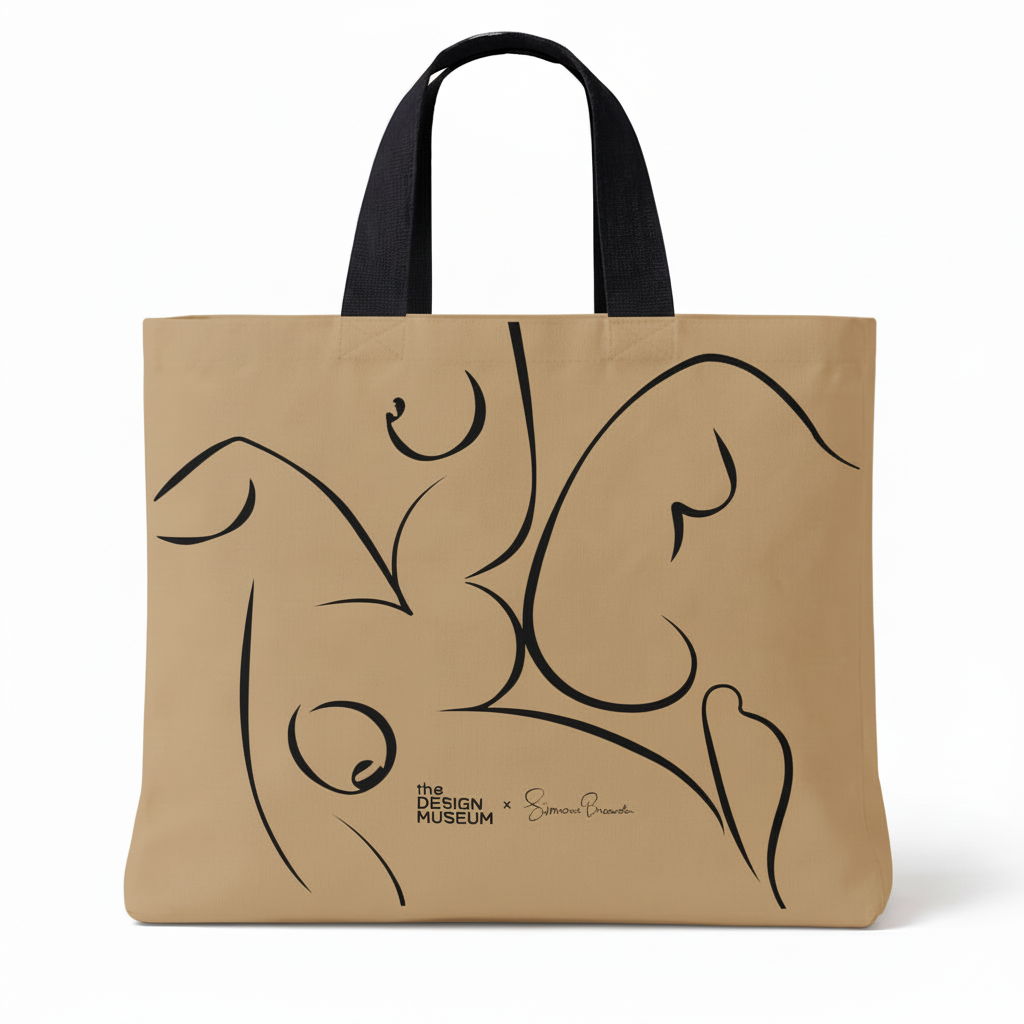 Beige tote bag with black abstract design and 'The Design Museum' branding on a white background