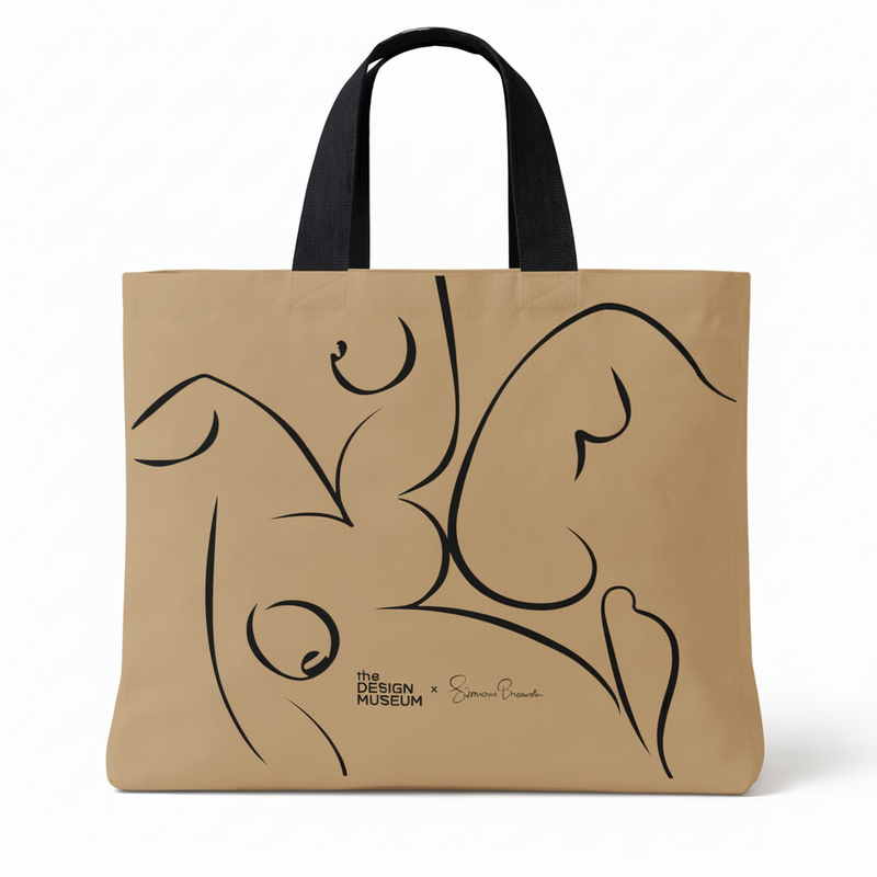 Beige tote bag with black abstract design and 'The Design Museum' branding on a white background